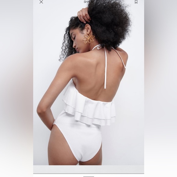 𝅺Zara RUFFLED RIB BODYSUIT white Sz L - Picture 4 of 10